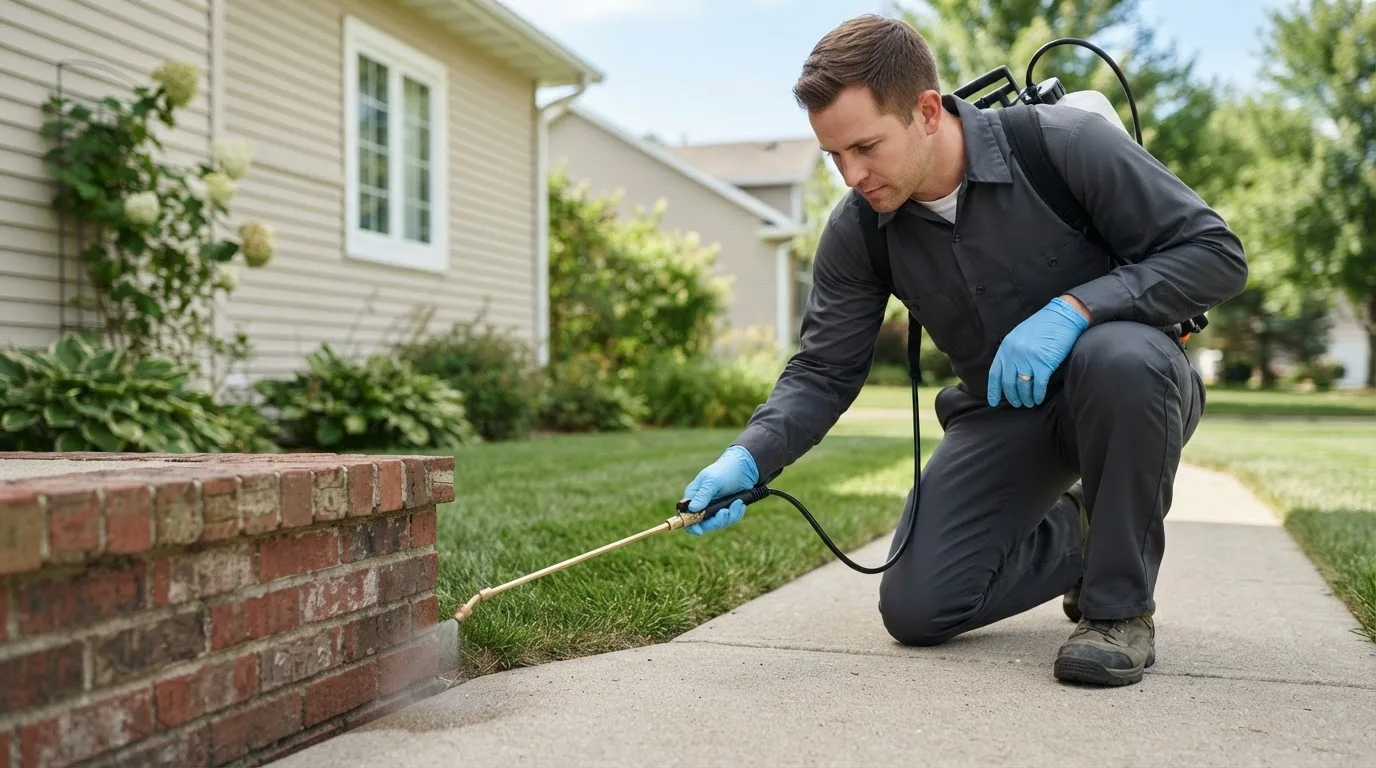 Pest control technician treating a home near Thor, IA